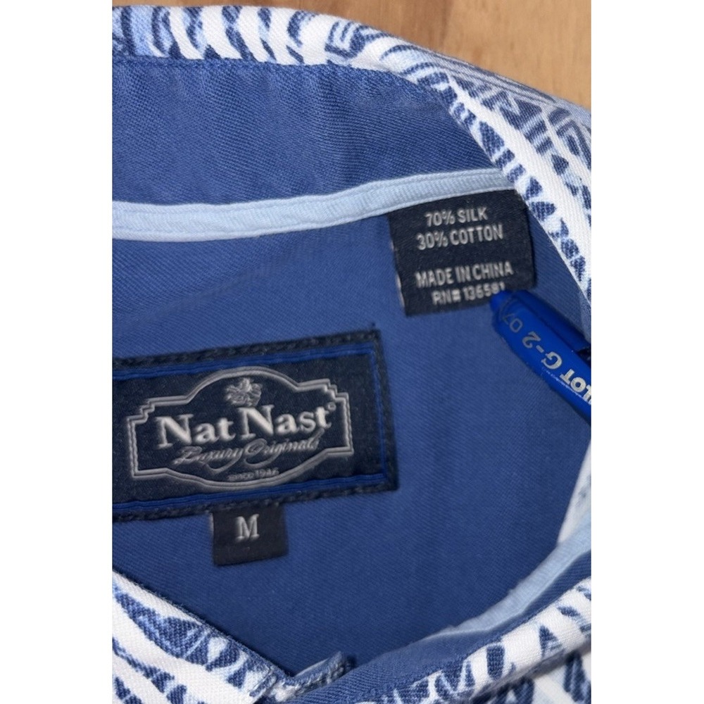Nat Nast Mens Medium Button Up Silk Blend Palm Print Blue Hawaiian Camp Casual - Picture 6 of 9